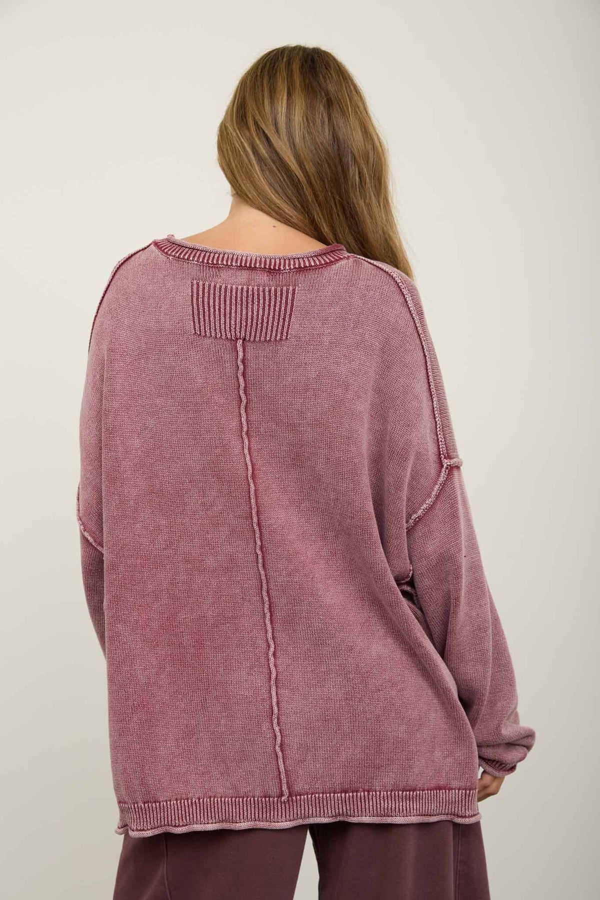 WASHED RAW EDGE CREW NECK DROP SLEEVE SWEATER