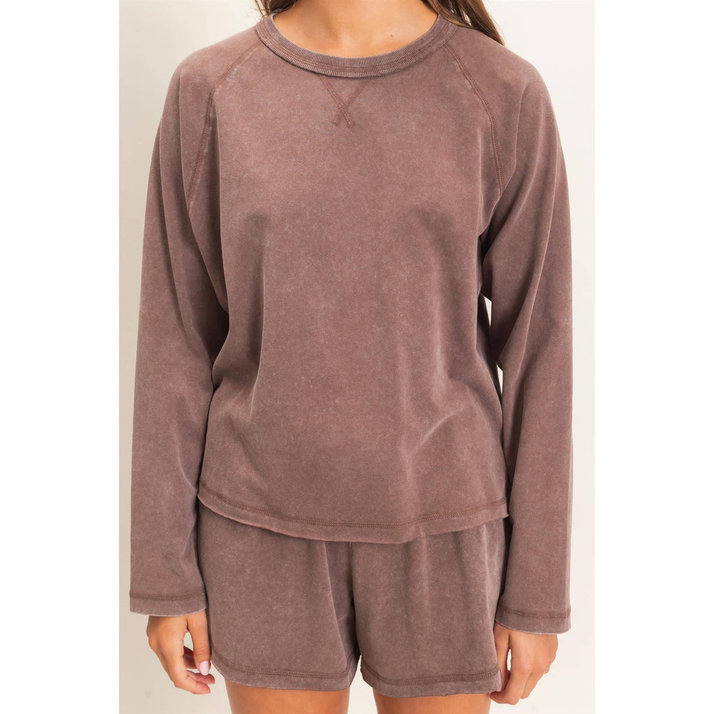 Mineral Wash Long Sleeve Raw Edge Top & Shorts Set