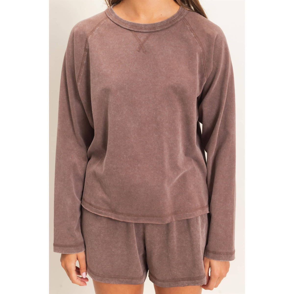 Mineral Wash Long Sleeve Raw Edge Top & Shorts Set