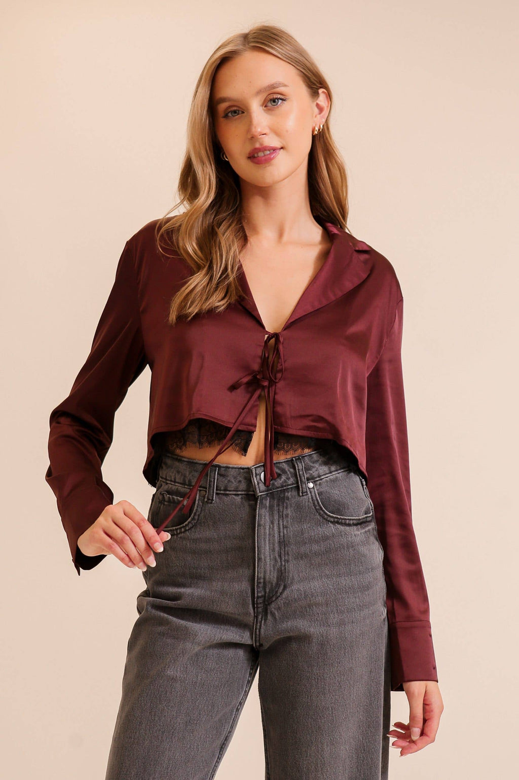 Satin Tie-front Cropped Blazer Top