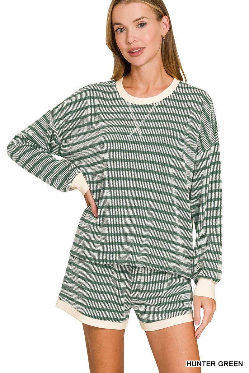 Raised Rib Striped Pullover And Shorts Set