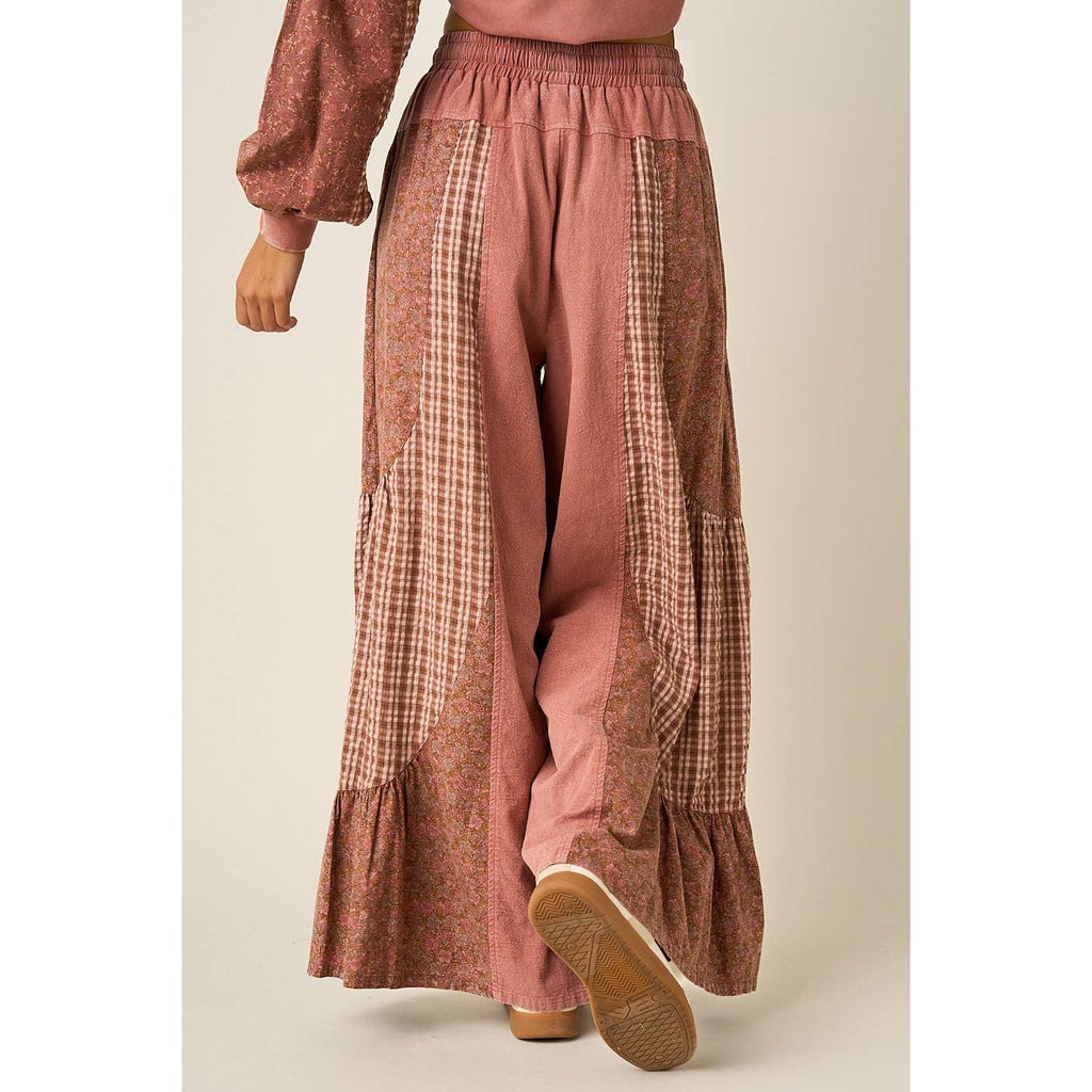 PATCHWORK MIXED PRINT WIDE LEG PANTS