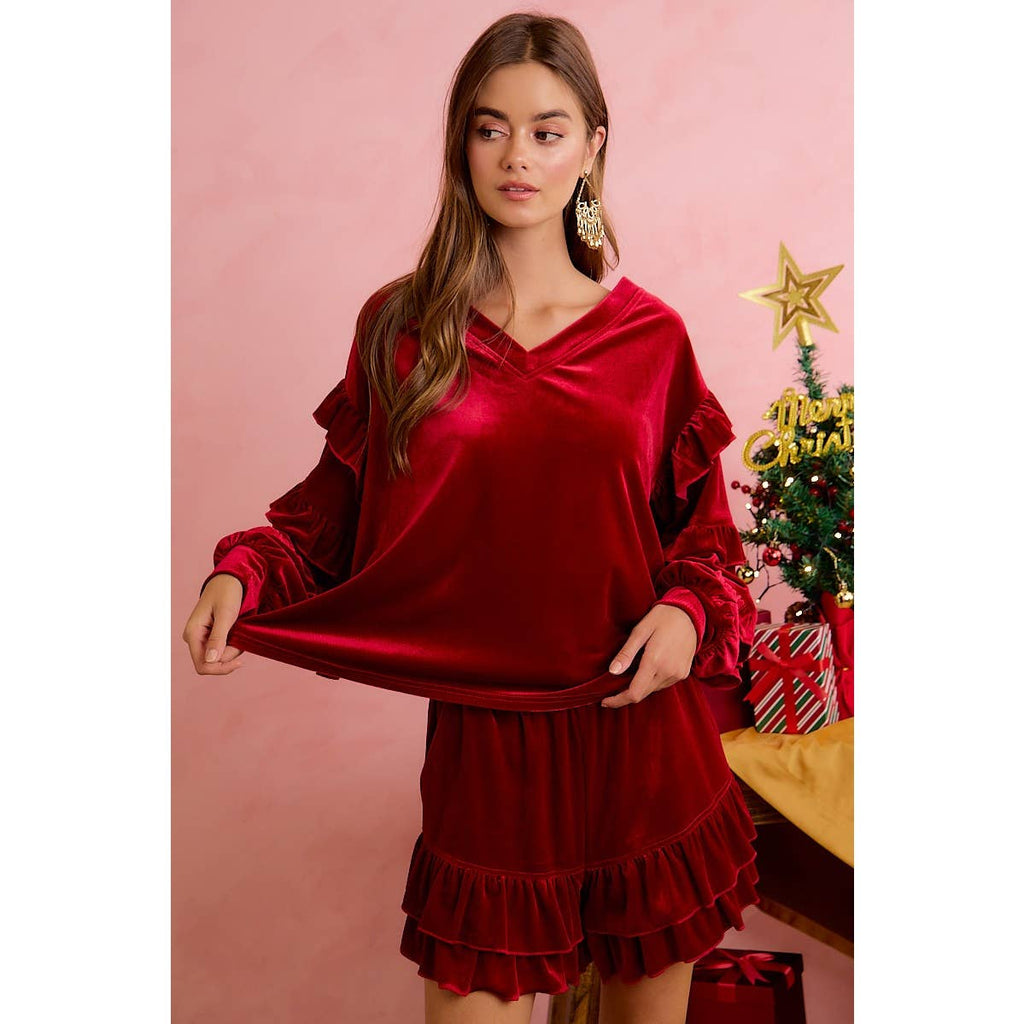 HOLIDAY VELVET RUFFLED SLEEVES V NECK TOP