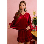 HOLIDAY VELVET RUFFLED SLEEVES V NECK TOP