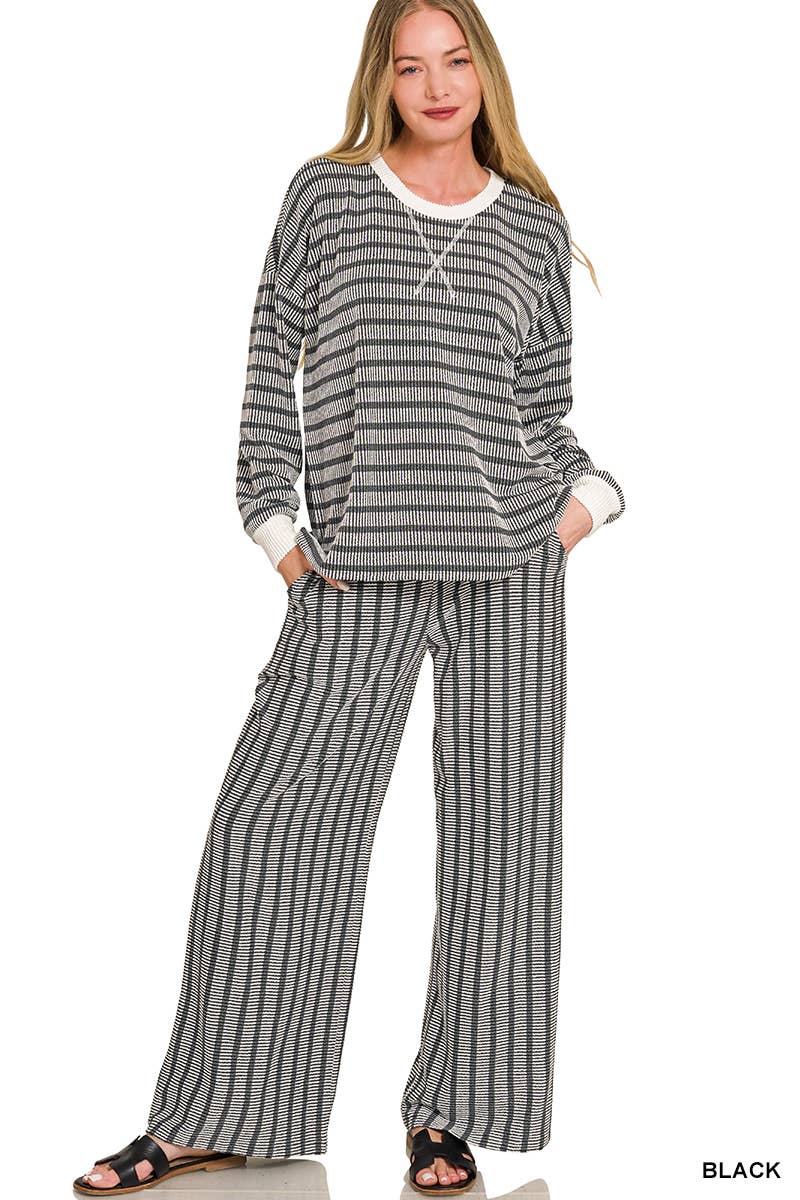 Raised Rib Striped Pullover & Pants 2PC Set