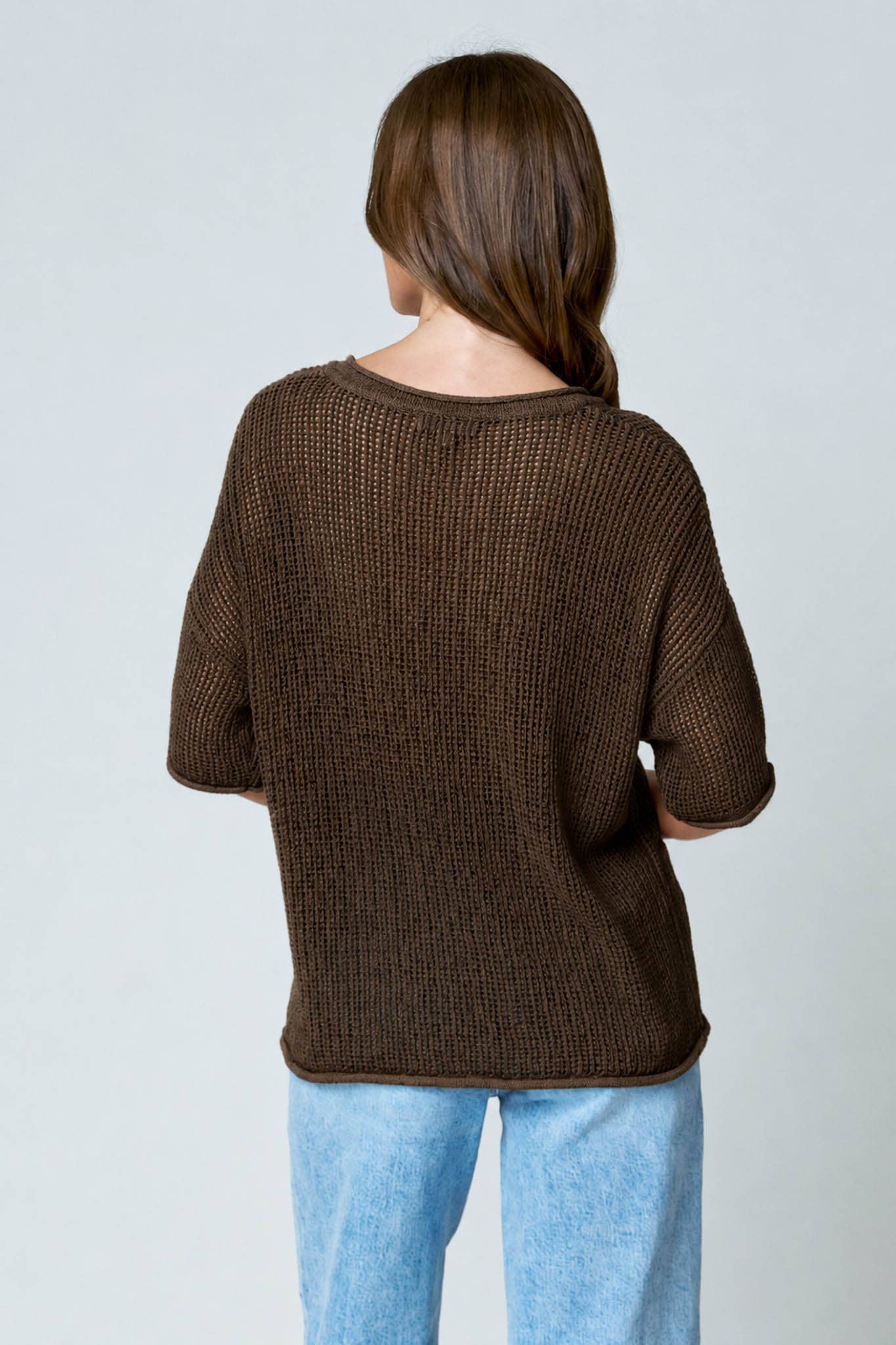 SPLIT NECK SHORT SLEEVE SHEER CROCHET KNIT TOP (PRE-ORDER)