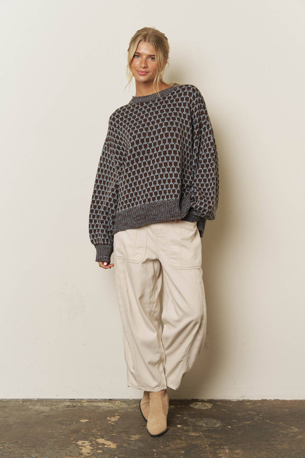 MARLED TRIM GEOMETRIC PATTERN RELAXED SWEATER