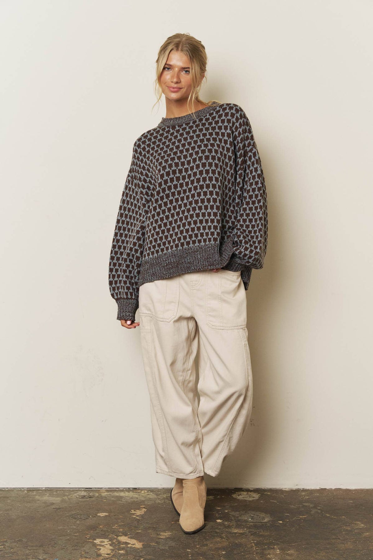 MARLED TRIM GEOMETRIC PATTERN RELAXED SWEATER