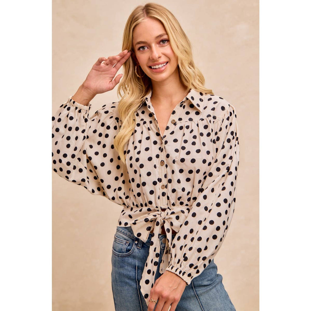 POLKA DOT PRINT TIE HEM DETAIL CROP BLOUSE TOP