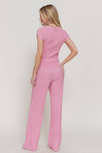 Short Sleeve Crew Neck Top & Waist Band Flare Pants Set