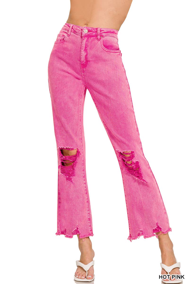 `Acid Wash High Waist Distressed Straight Leg Pants