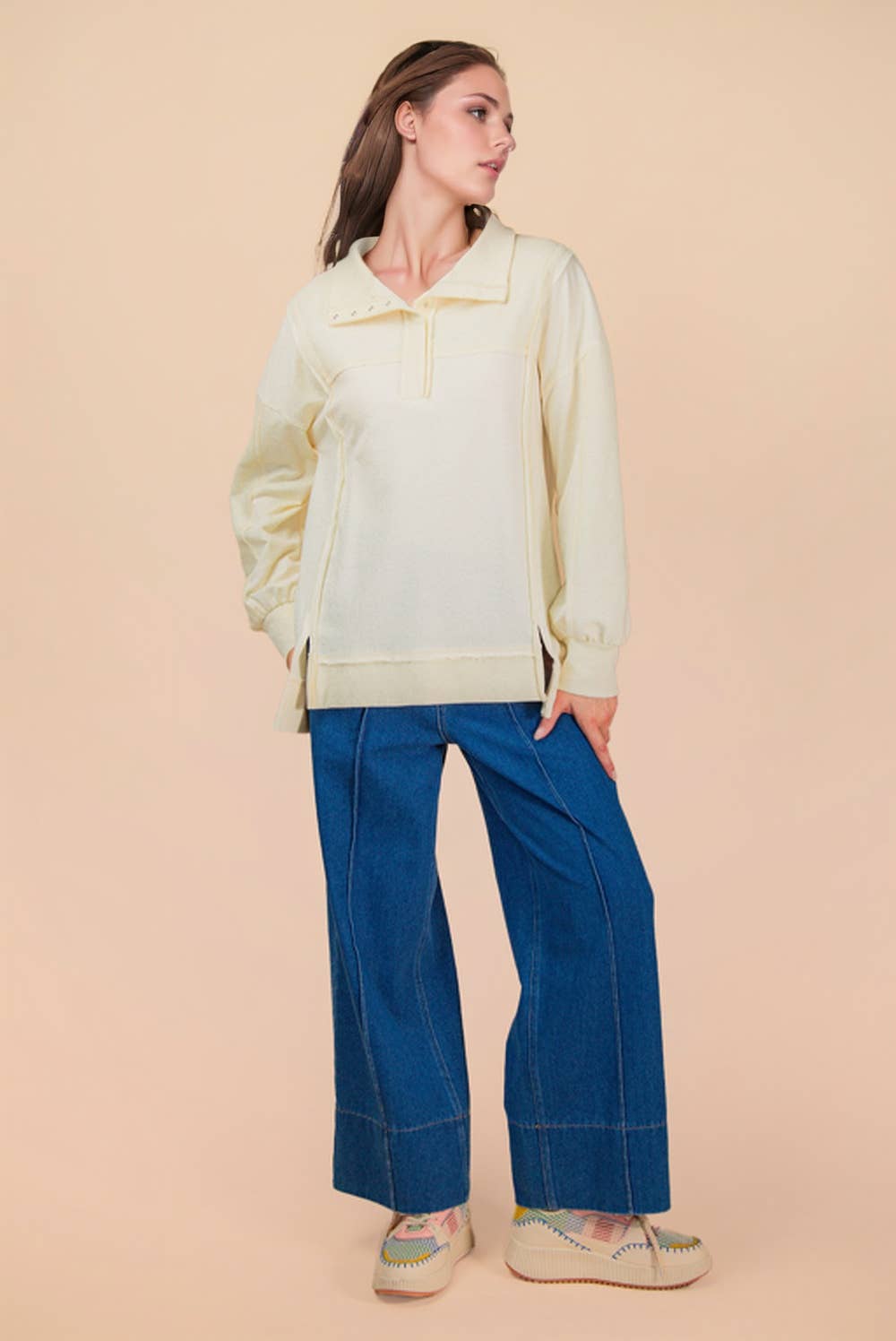 NT12365-Half Button Down Oversized Contrast Knit Top