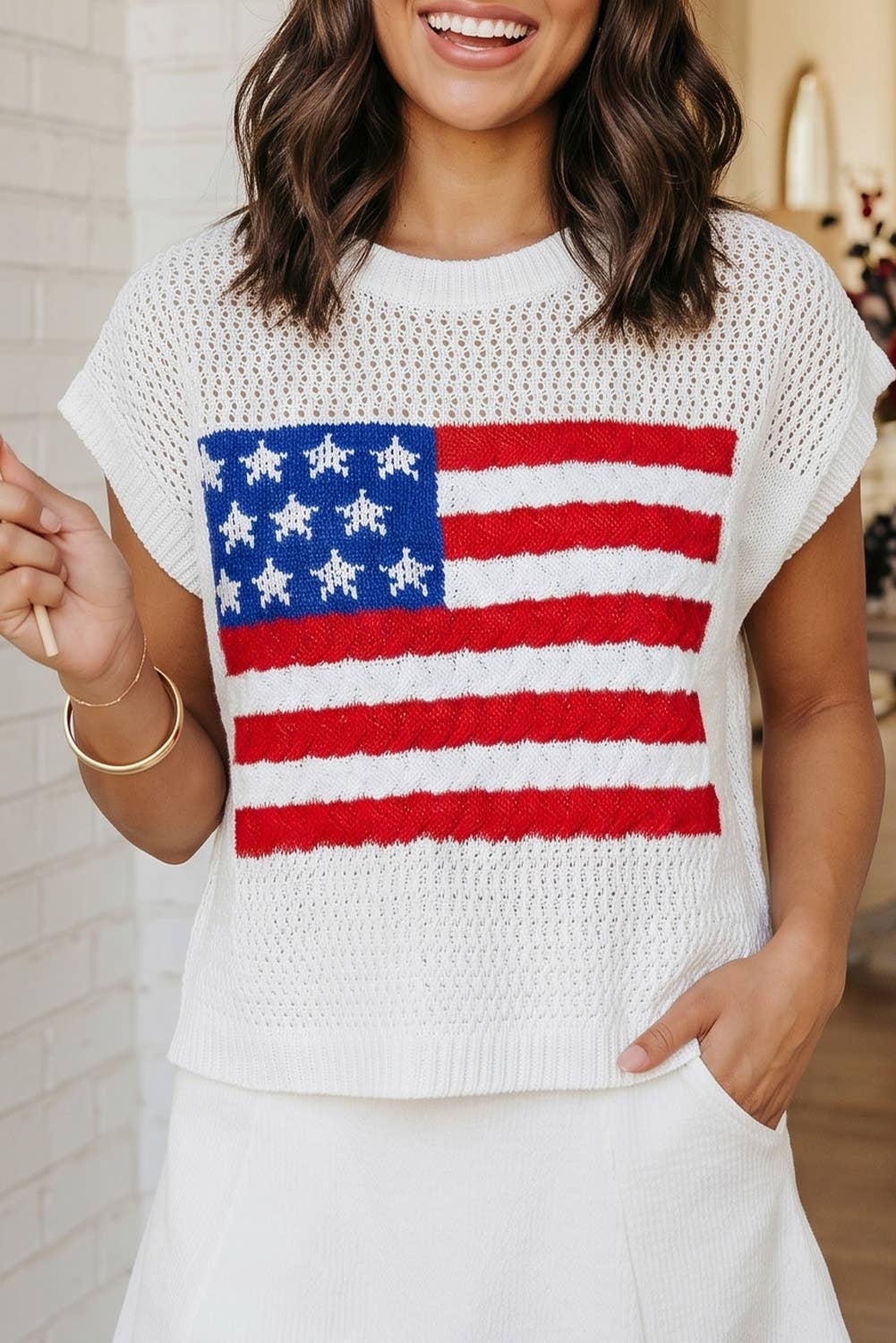 LAS Flag Graphic Short Sleeve Sweater Top (S-XL)