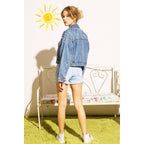DENIM CROP JACKET WITH PEARL STUDS