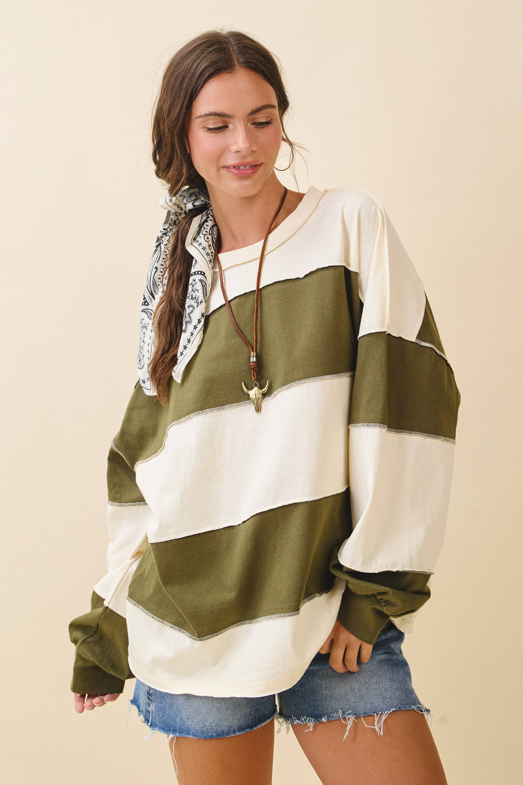 8551GN Contrast Panel Long Sleeve Slouchy Pullover 1