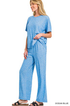 Soft Melange Short Sleeve Tee & Long Pants Set - Zenana