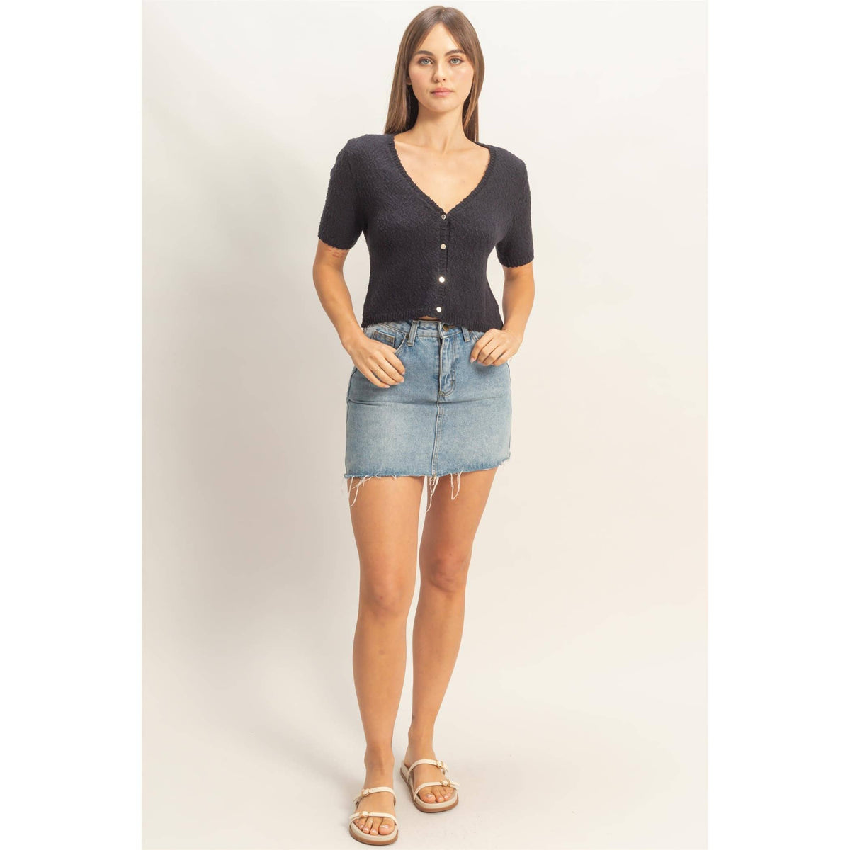 V-Neck Cropped Button Cardigan