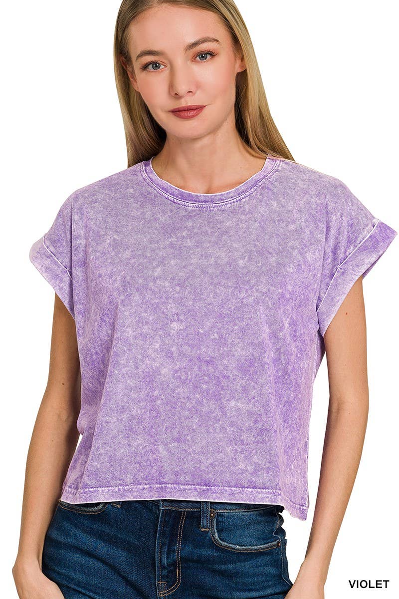 Halo Washed Cotton Cuffed Short Sleeve Top