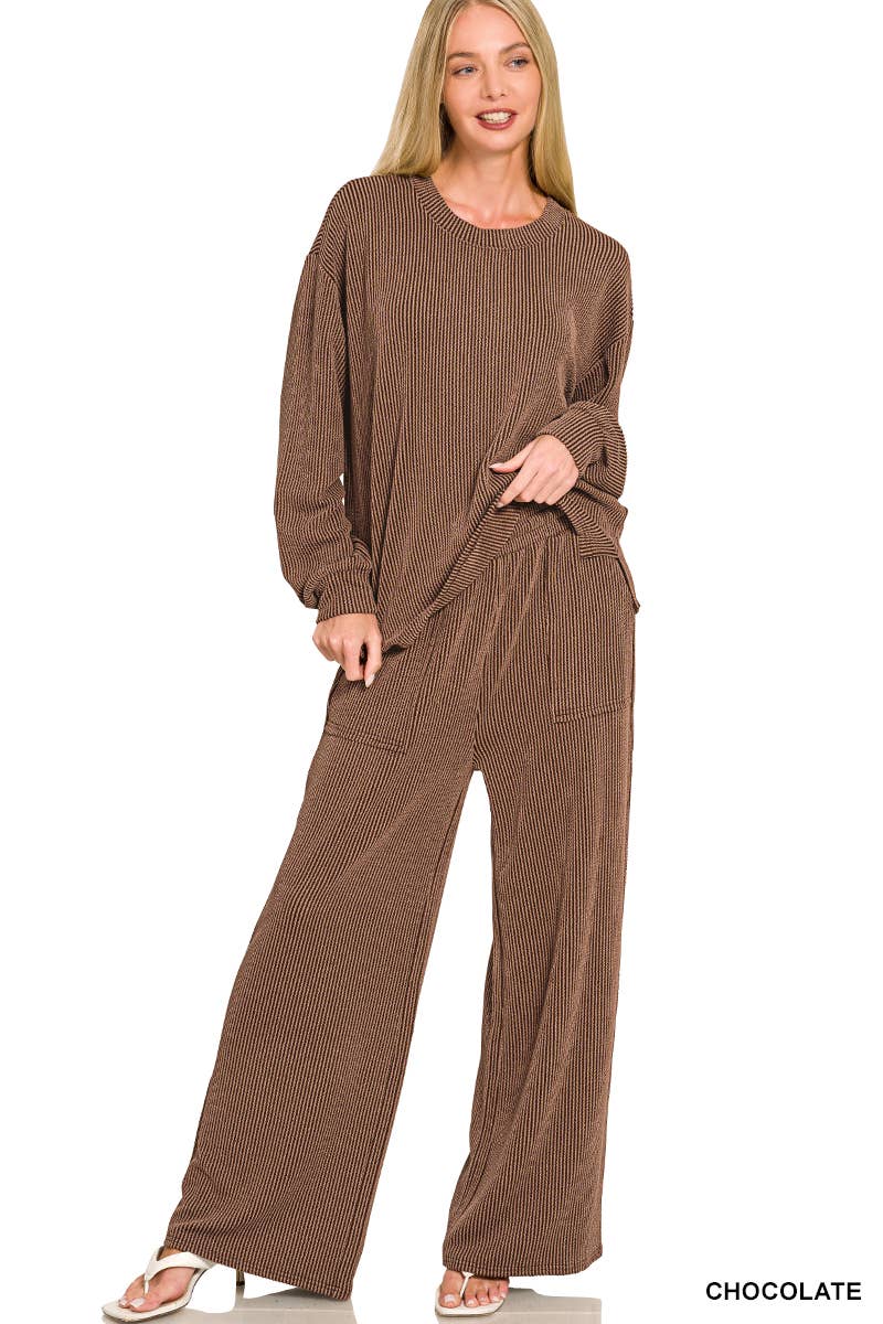 Raised Rib Round Neck Pullover & Pants 2PC Set