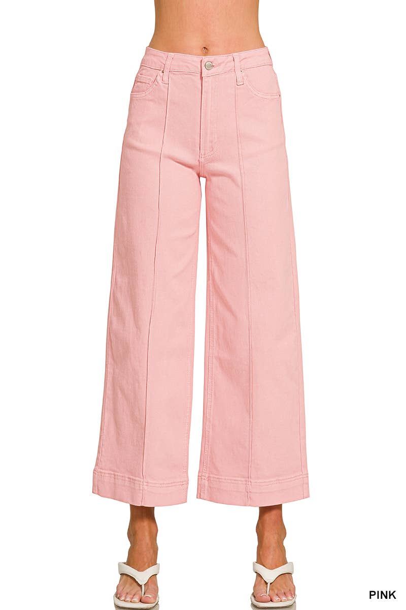 High Rise Wide Leg Pintuck Color Denim Pants