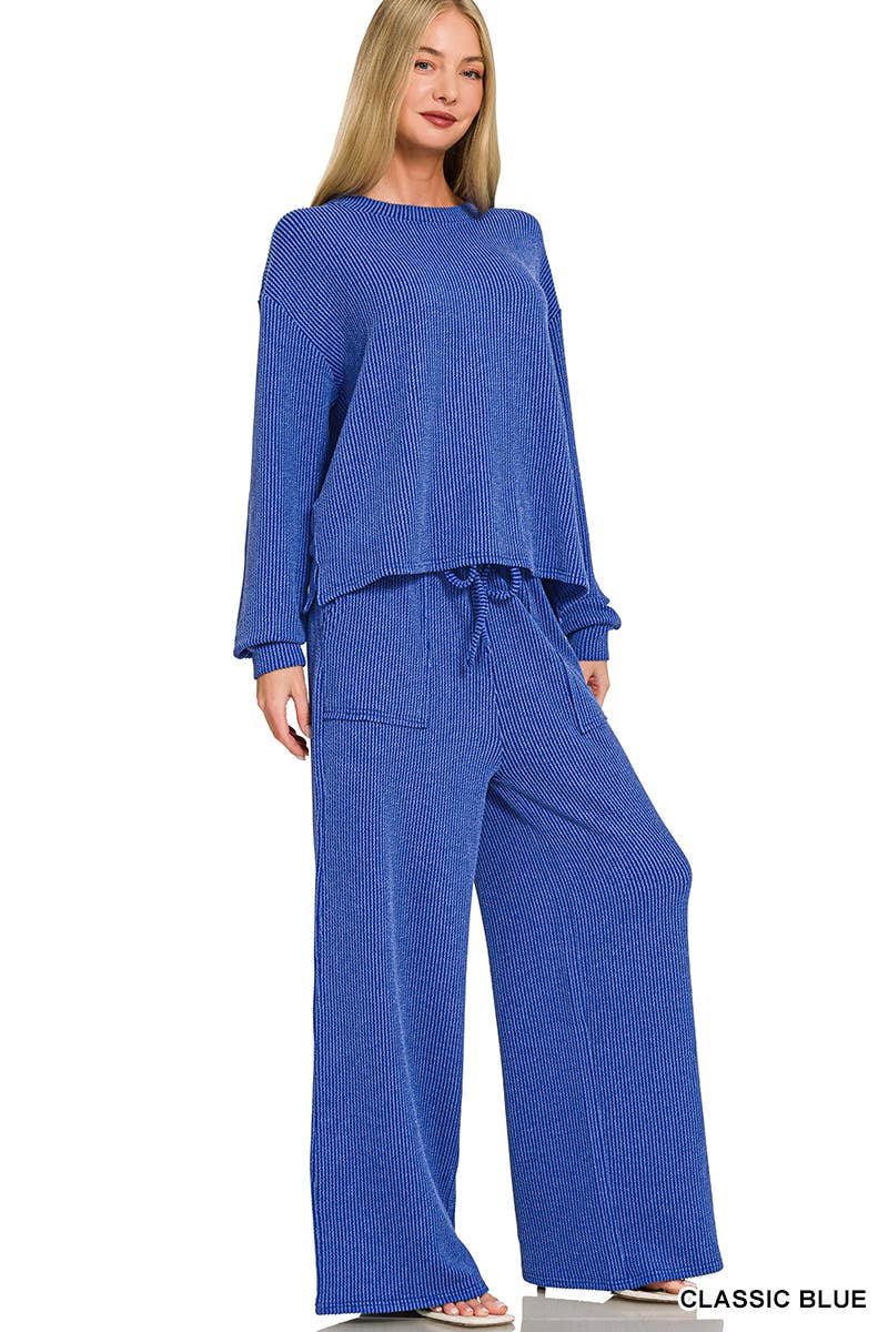 Raised Rib Round Neck Pullover & Pants 2PC Set