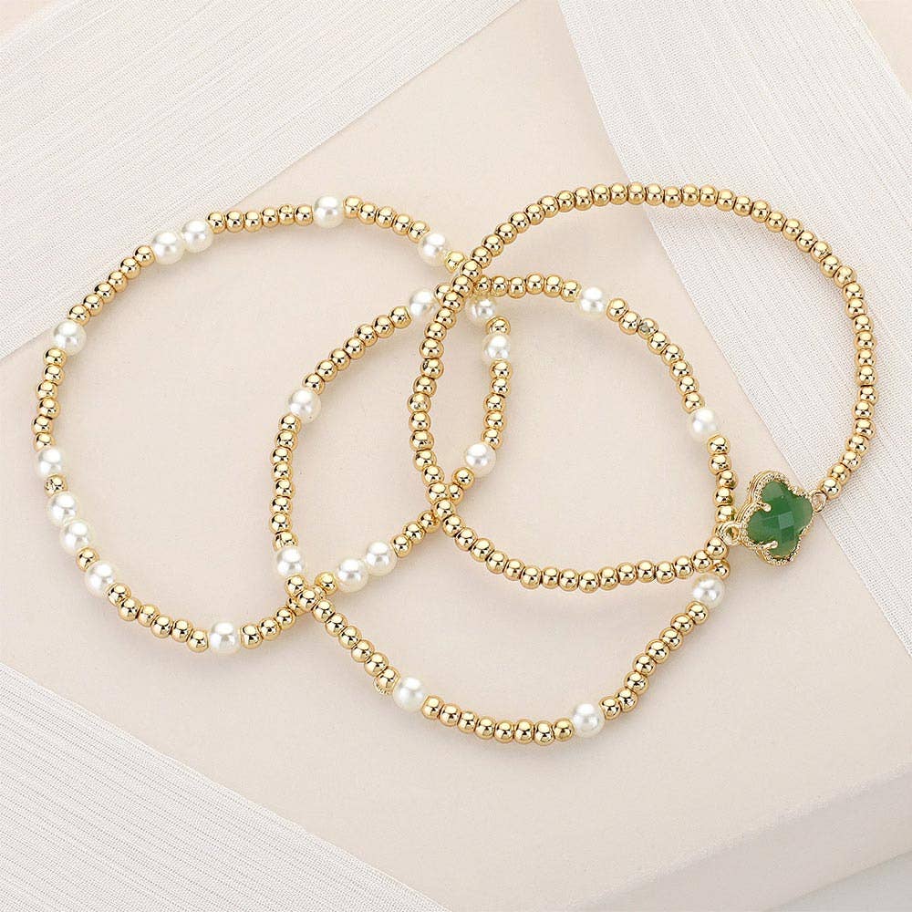 3PCS - Quatrefoil Pearl Metal Ball Beaded Stretch Bracelets