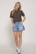 Short Sleeve Round Neck Embroidery Detail Cotton Jersey Top
