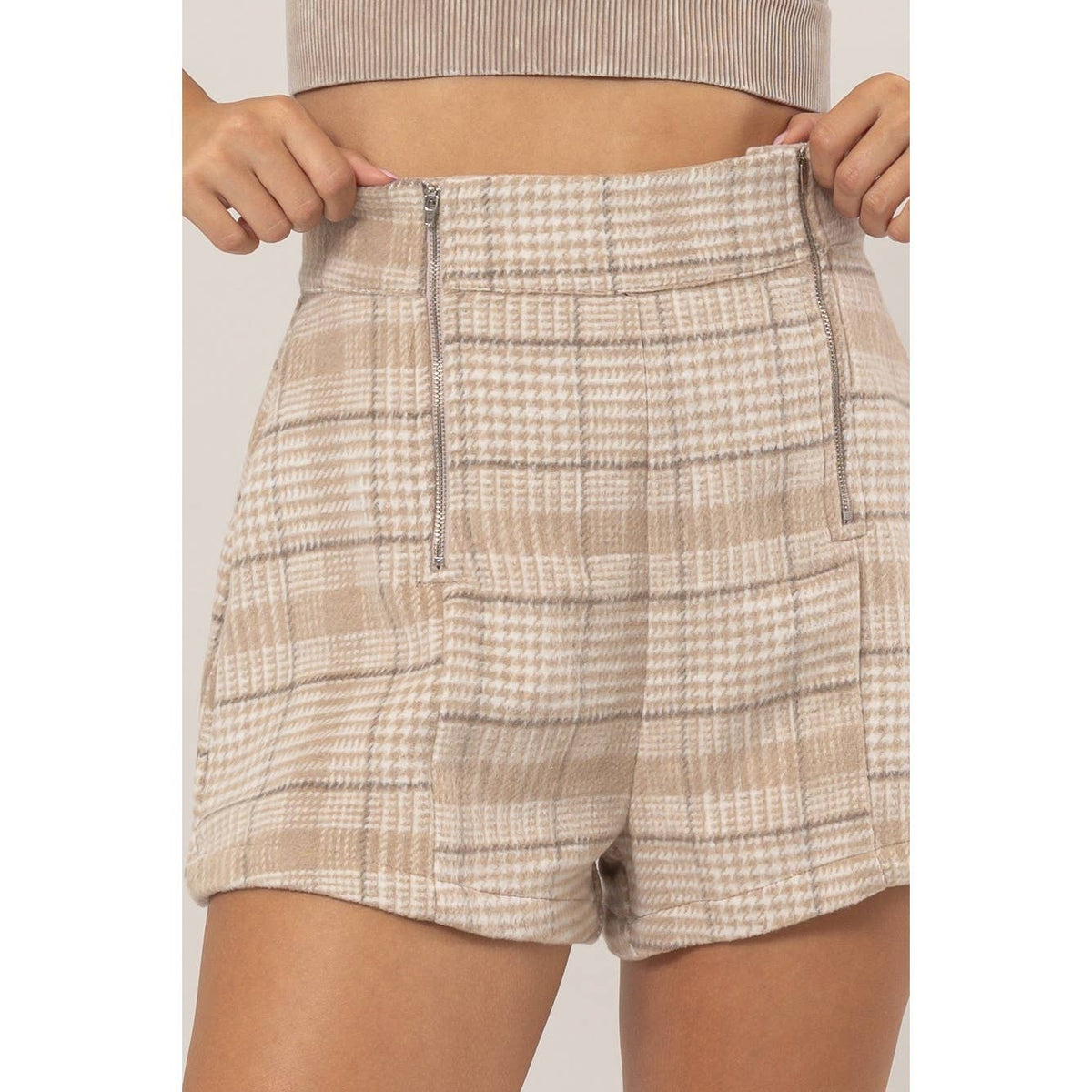 Plaid Twin Zipper-Detail Shorts