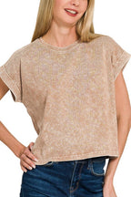 Halo Washed Cotton Cuffed Short Sleeve Top