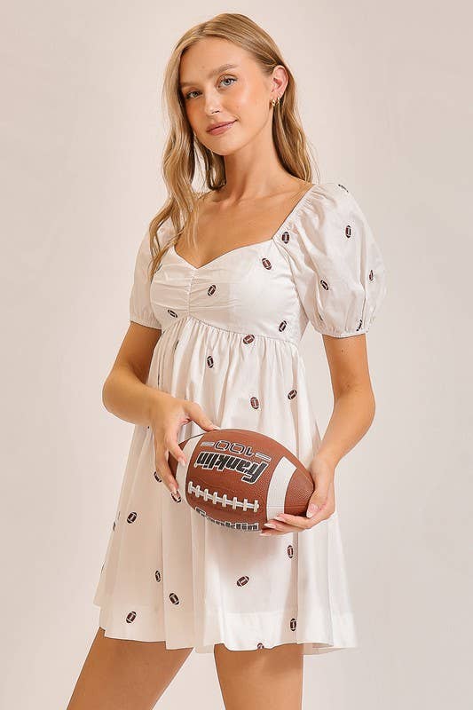 Football Embroidered Game Day Puff Sleeve Dress