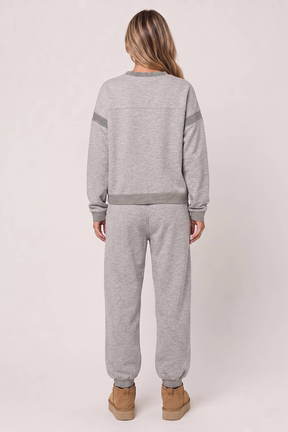 NT12845SET-Contrast Rib Trim Heathered Knit Lounge Set