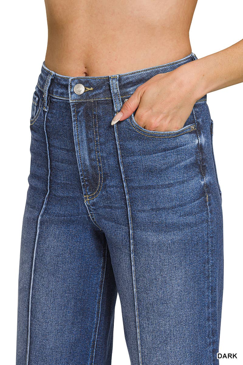 High Rise Wide Leg Pintuck Denim Pants Zenana