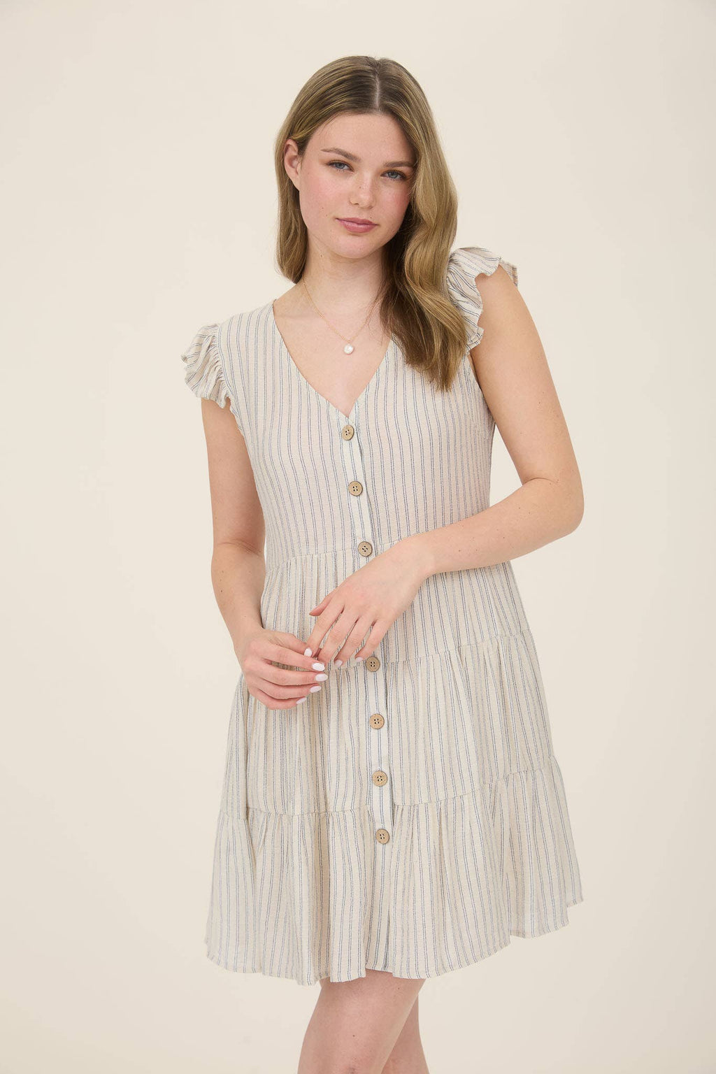 STRIPE V NECK BUTTON DOWN TIERED MINI DRESS