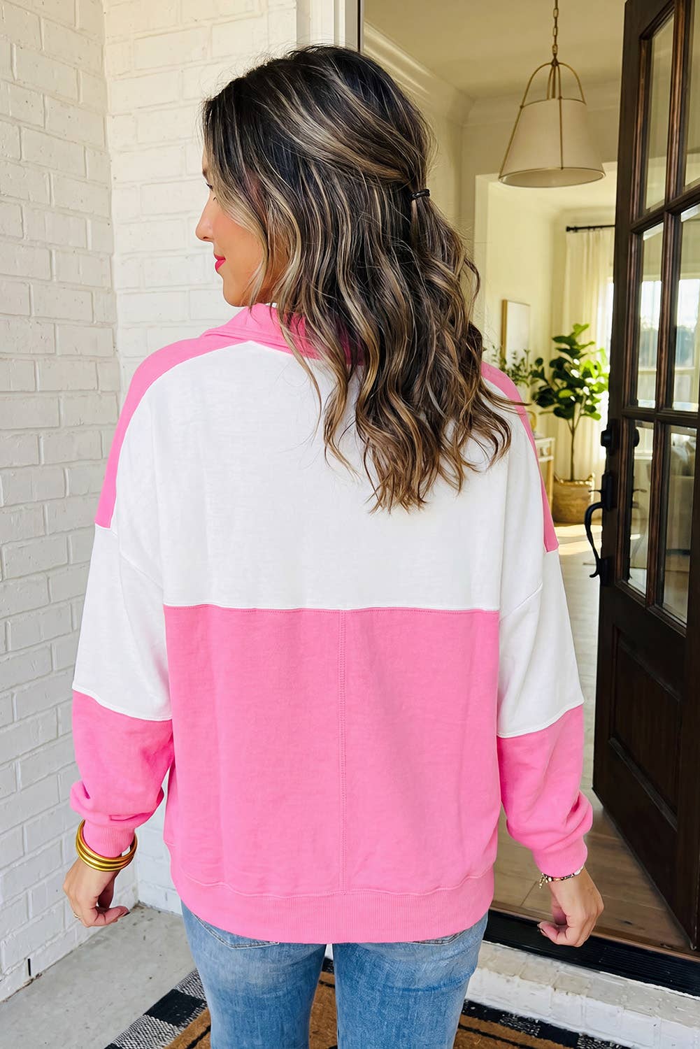 LAS Colorblock Patchwork Ricrac Trim Collar Knit Top (S-XL)