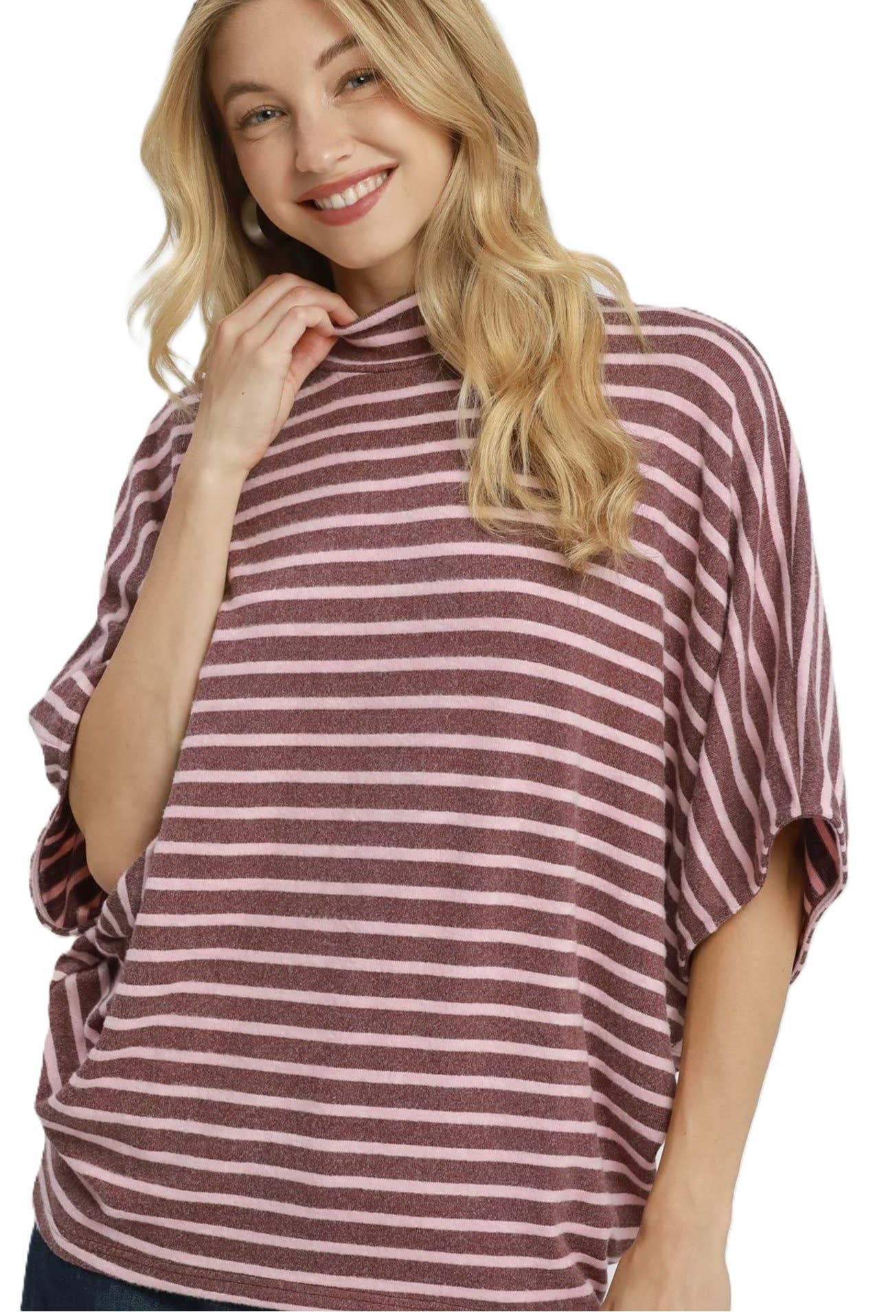 Striped Mock Neck Dolman Top