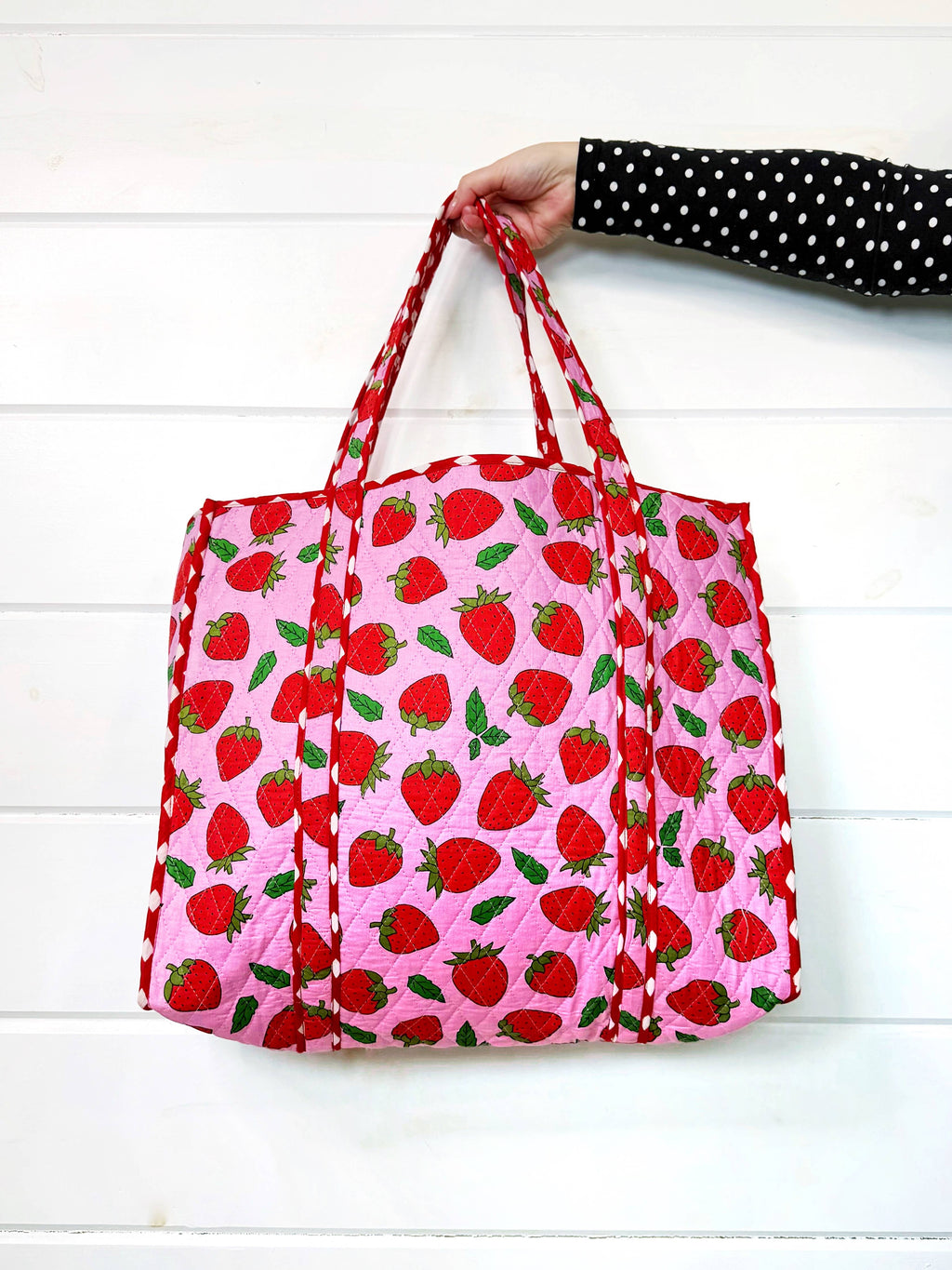 Quilted Tote Bag | Pink Strawberry Bag | Large Shopping Tote