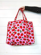 Quilted Tote Bag | Pink Strawberry Bag | Large Shopping Tote
