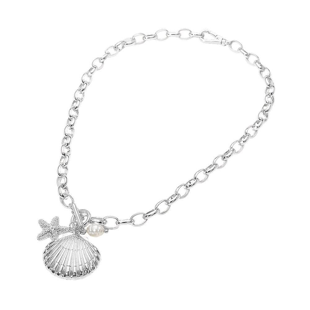 Seashell Starfish Pearl Charm Toggle Chunky Chain Necklace