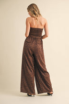 LEOPARD SUEDE STRAPLESS BELTED JUMPSUIT