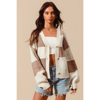 CHECKERED BUTTON FRONT TEXTURED SWEATER CARDIGAN