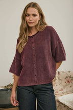 WASHED RIBBED SHORT SLEEVE ROLLED EDGE CARDIGAN