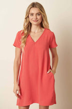 CD1565-AIRFLOW V-NECK SHORT SLEEVE SHIFT DRESS
