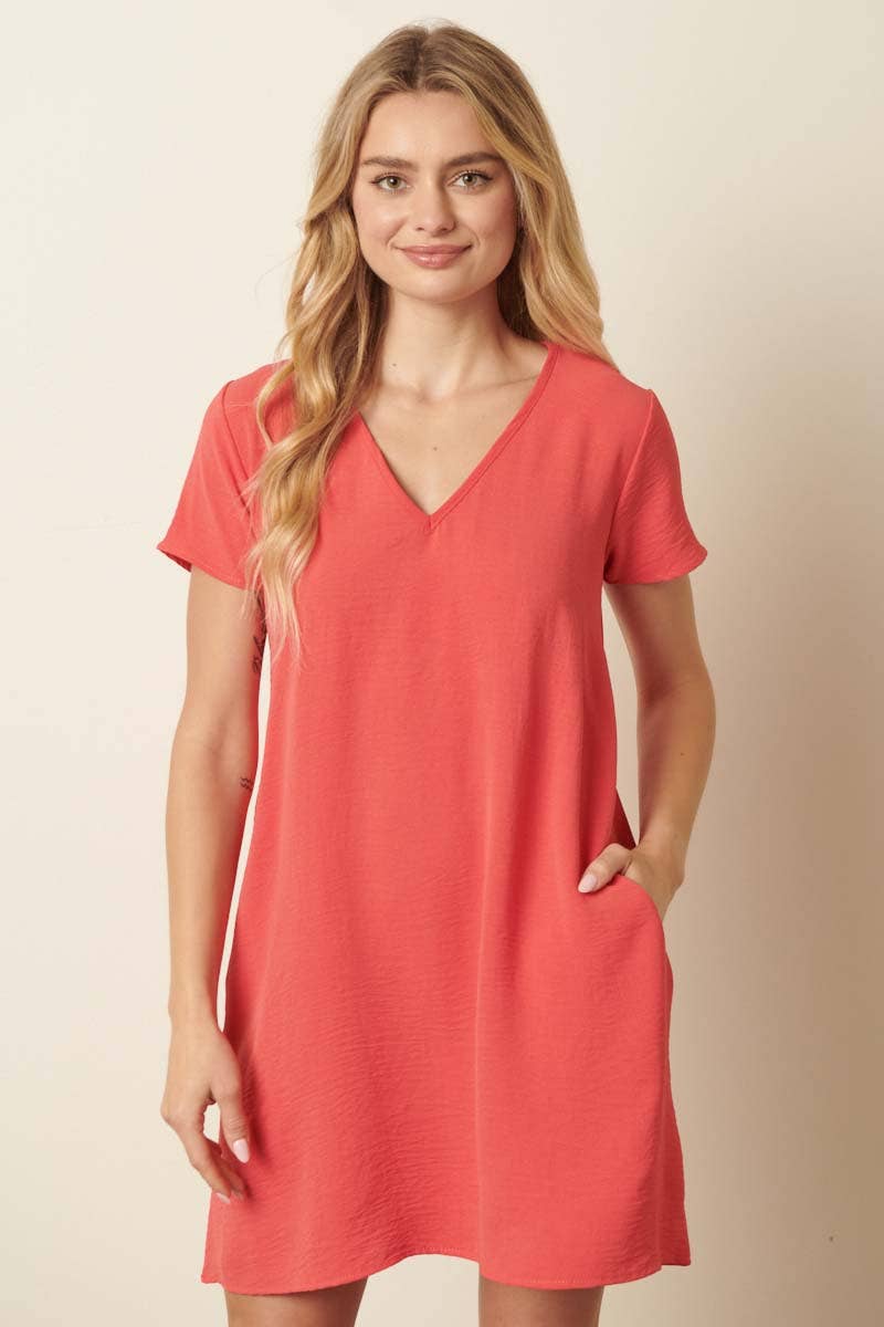 CD1565-AIRFLOW V-NECK SHORT SLEEVE SHIFT DRESS