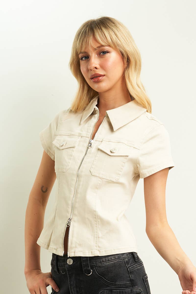 11221S-2WAY OPEN ZIPPER FITTED COLOR DENIM SHIRTS