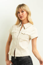 11221S-2WAY OPEN ZIPPER FITTED COLOR DENIM SHIRTS