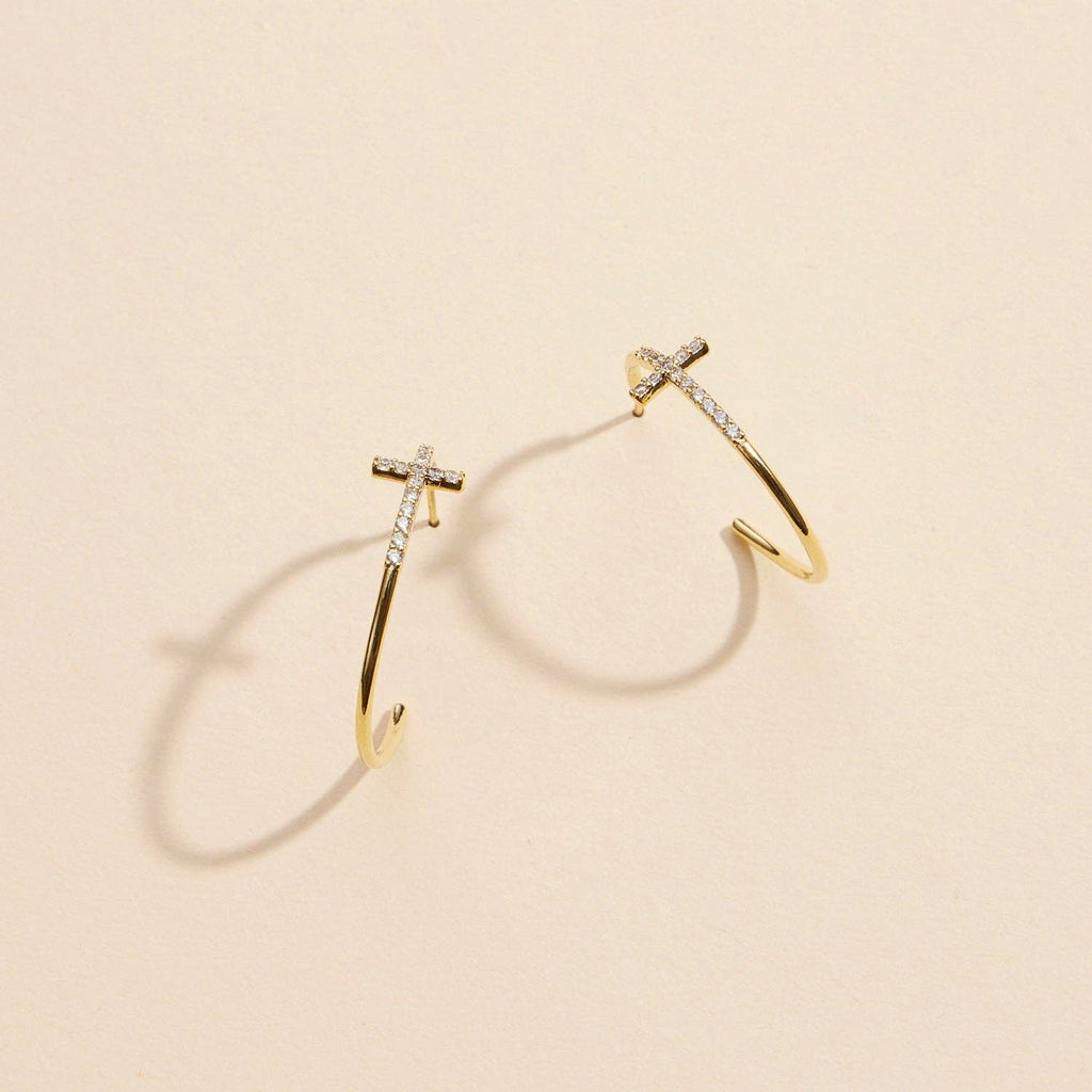 Gold Dipped CZ Cross Open Hoop Earrings