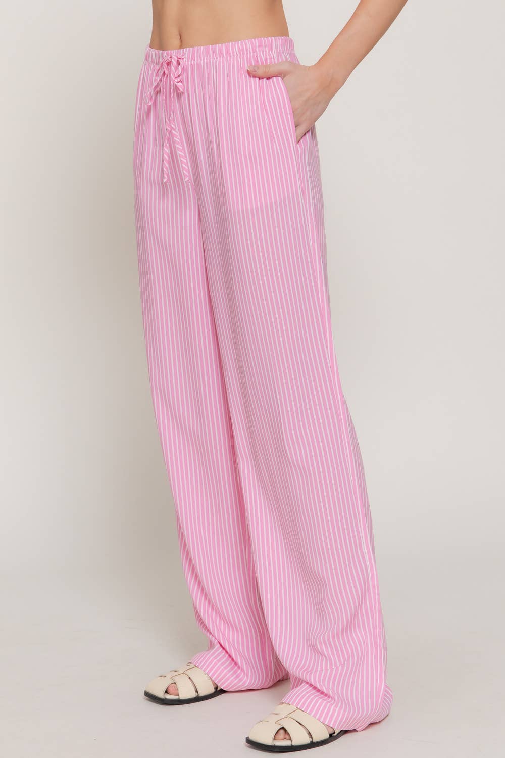 Waist Band with String Stripe Print Woven Pants