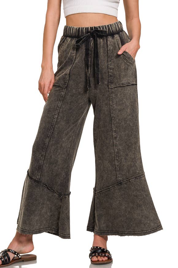 `Acid Washed Flare Hem Pants With Pockets Zenana