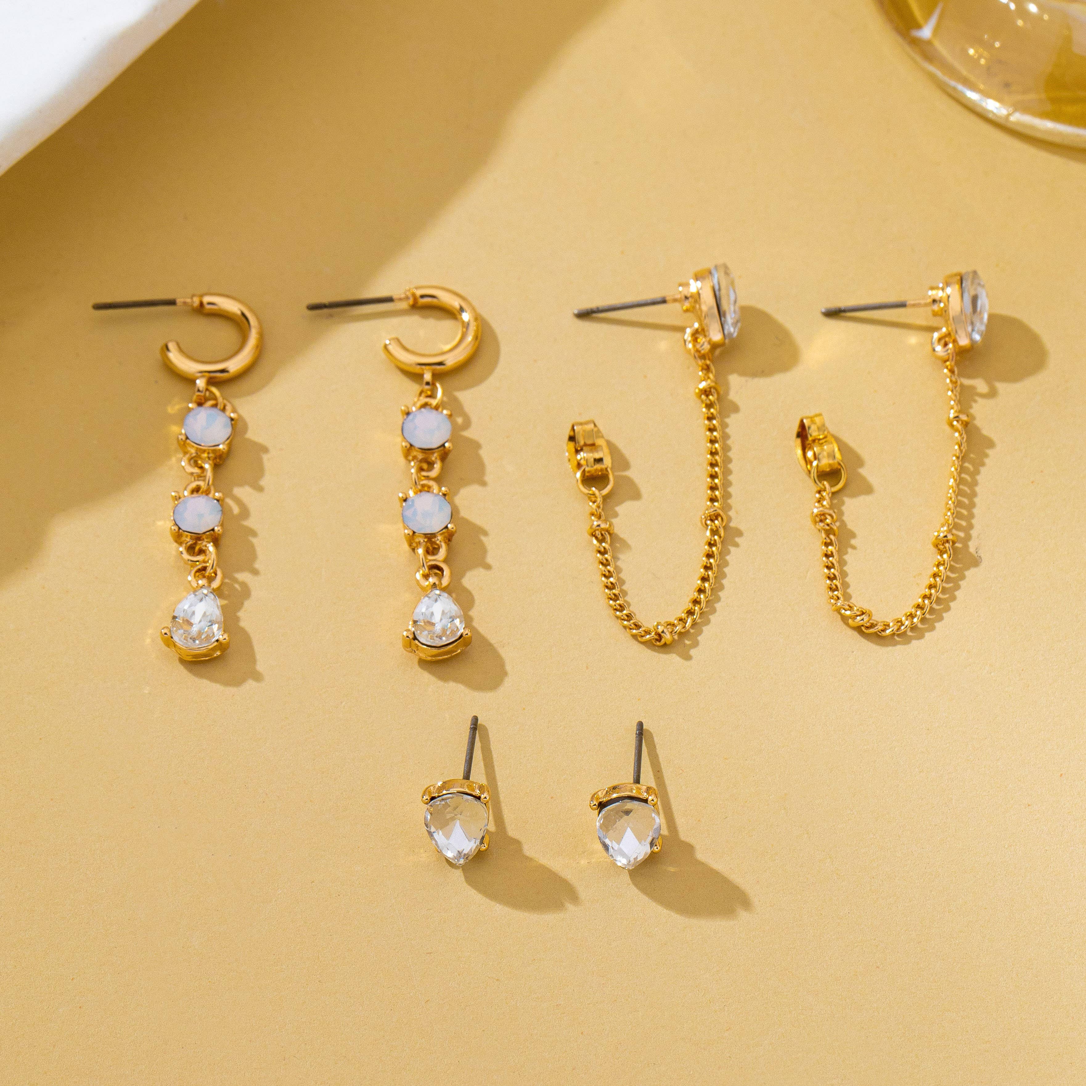 Crystal Stud & Linear Opal Drop Trio Earring Set | 80E62680