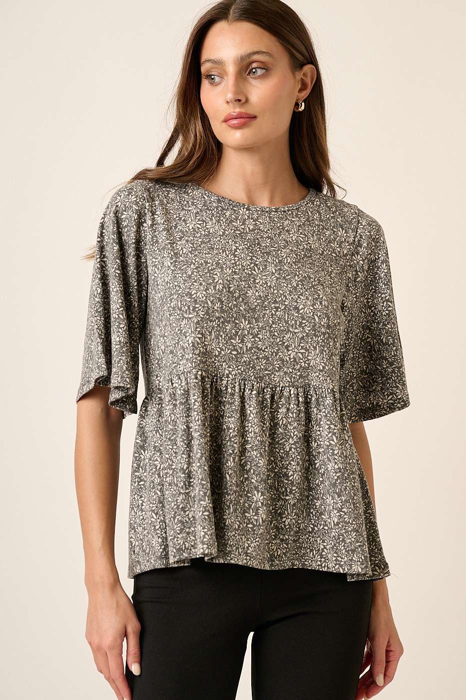 T10161 - DITSY FLOWER PRINT BABY DOLL KNIT TOP